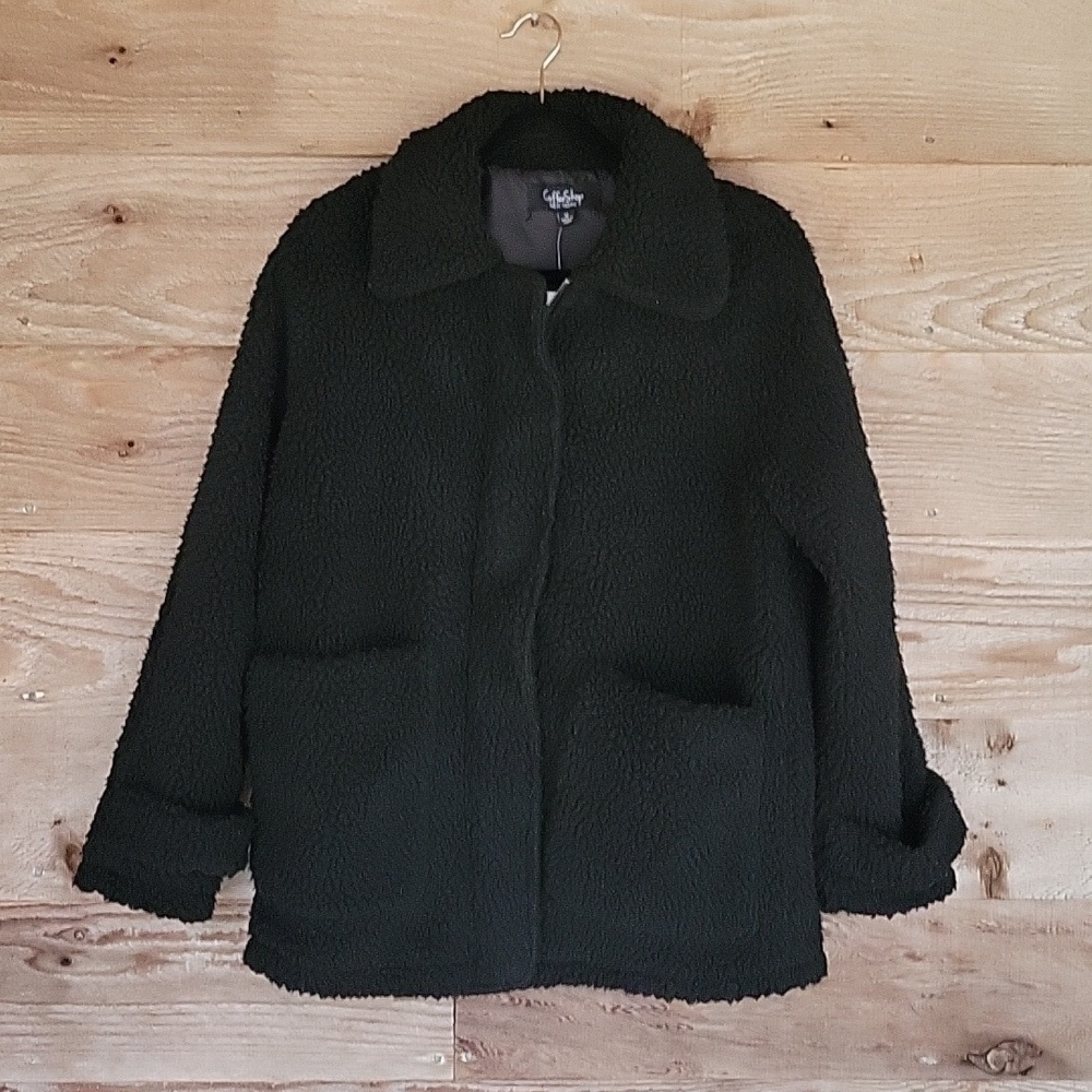 Coffee Shop NY Black Size Medium Collared Zip-Front Fleece Coat NWT